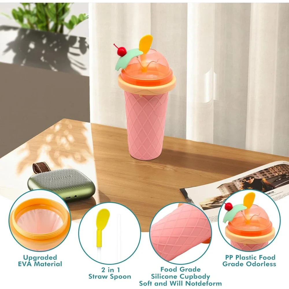 Slushie Cup, Smoothie Cups with Lids & Straws, Slushy Cup for Juices, Milk and I
